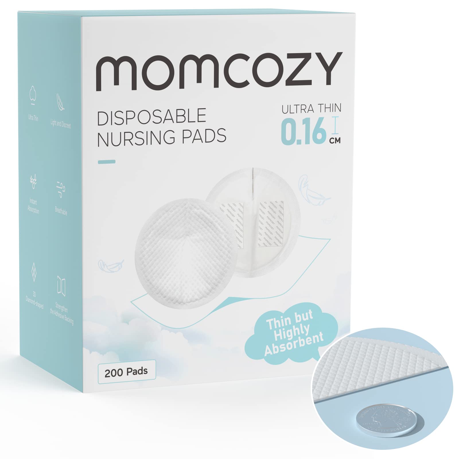 Momcozy Ultra-Thin Disposable Nursing Pads, Ultra-Absorbent and Breathable Portable Breast Pads, Make The Breasts Light and Unburdened, with Reinforced Adhesive, Individually Packaged (200 Count)