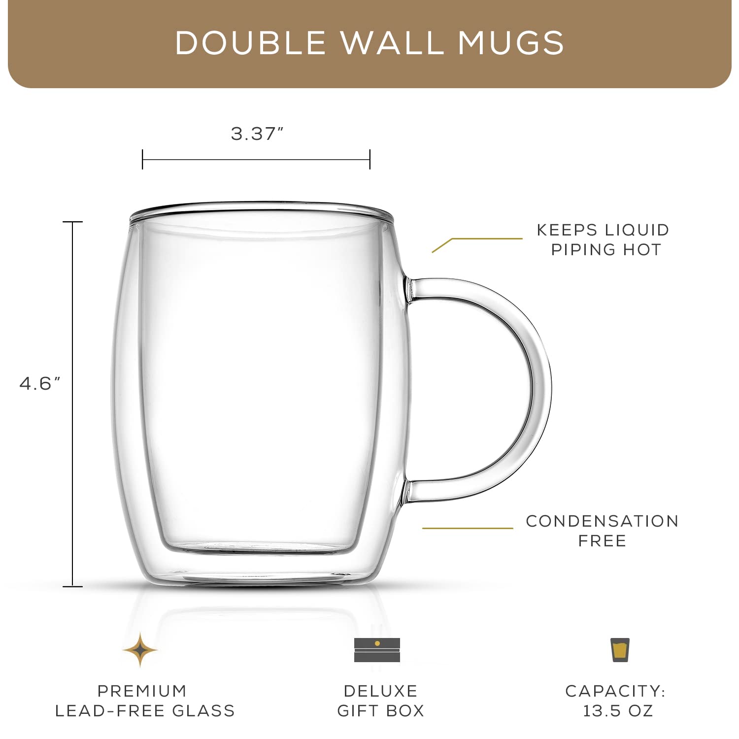 JoyJolt Double Wall Glass Coffee Mugs - 13.5oz Double Walled Glasses, Thermal Borosilicate Glass Insulated Coffee Mug. Clear Coffee Glass Cup, Cappuccino Mug, Iced Coffee Cup, Tea Mugs