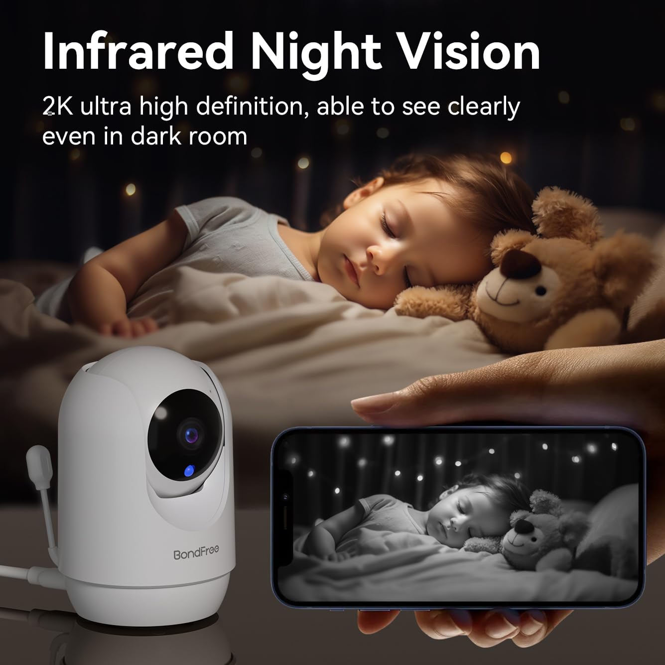 BondFree Baby Monitor with Camera and Audio, 2K Smart Baby Monitor with App, Temperature& Humidity, 2-Way Talk, 3MP Night Vision, 14 Lullabies,Cry & Motion Detection, 4X Zoom-5Ghz WiFi Baby Monitor