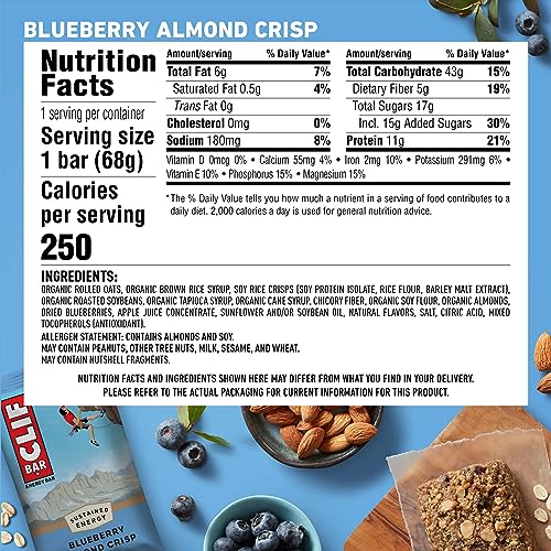 CLIF BAR - Blueberry Almond Crisp - Made with Organic Oats - 11g Protein - Non-GMO - Plant Based - Energy Bars - 2.4 oz. (6 Pack)