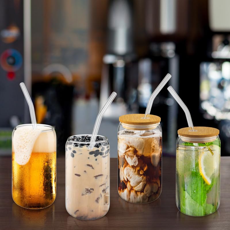 MOVNO Sublimation Glass Cups with Lids and Straws, 4 Pack 20oz Drinking Glasses with Bamboo Lid Iced Coffee Cup Can Shaped Cups Reusable Boba Cups Juices Cocktail Travel Bottle Gifts