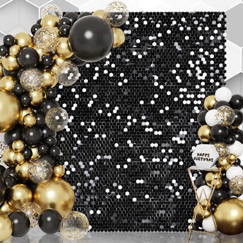 Black Shimmer Wall Backdrop Panel - 12 Pcs Glitter Bling Sequins Photo Backdrops Sheets Hexagon Birthday Anniversary Wedding Decorations Engagement & Bridal Shower Party Decor