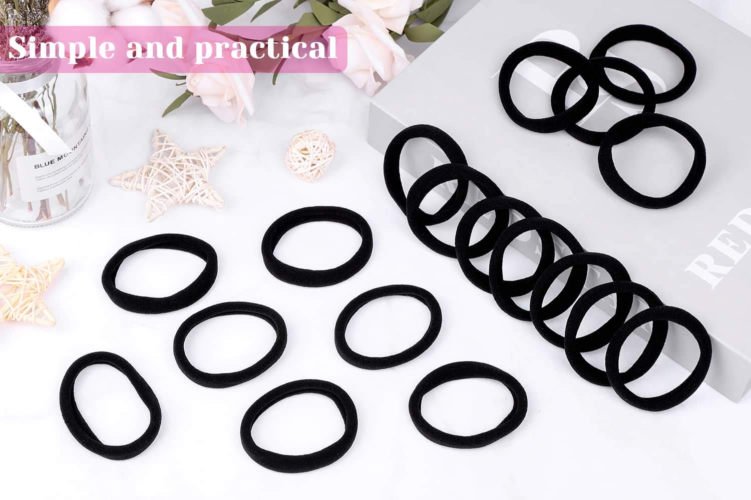 Anezus 50 Pcs Thick Black Hair Ties Large Elastics Bulk Hair Ties Stretch Hair Bands Ponytail Holders for Thick Heavy and Curly Hair