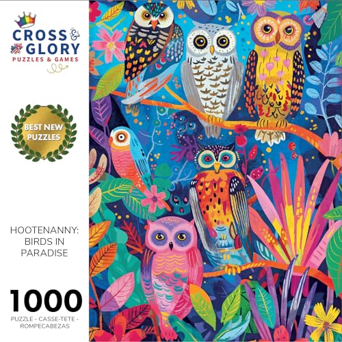 Hootenanny: Birds in Paradise by Cross & Glory - 1000 Piece Jigsaw Puzzle for Adults | Vibrant, Eco-Friendly, Indian Garden & Owl Design | Challenging and Artistic Puzzle for Adults 1000 Pieces