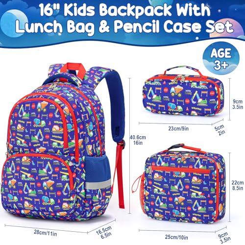 Fimibuke Kids Backpack for School Boys - 3PCS Waterproof Toddler School Bag Cute Bookbag Set with Lunch Box & Pencil Case for Preschool Kindergarten Elementary Back to School Student Ages 3-12, Trucks