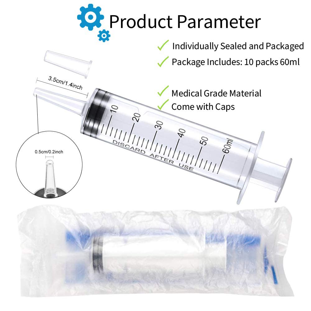 10 Pack 60ml/cc Plastic Syringe Large Syringes Tools Catheter Tip individually sealed with Measurement for Scientific Labs, Measuring Liquids, Feeding Pets, Oil or Glue Applicator