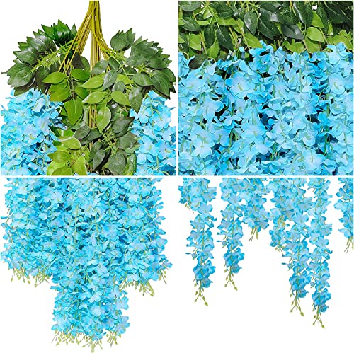 Pauwer Wisteria Hanging Flowers 24 Pack Fake Flower Garland Artificial Wisteria Vines Rattan Silk Flower String Wedding Party Wall Decorations,Blue