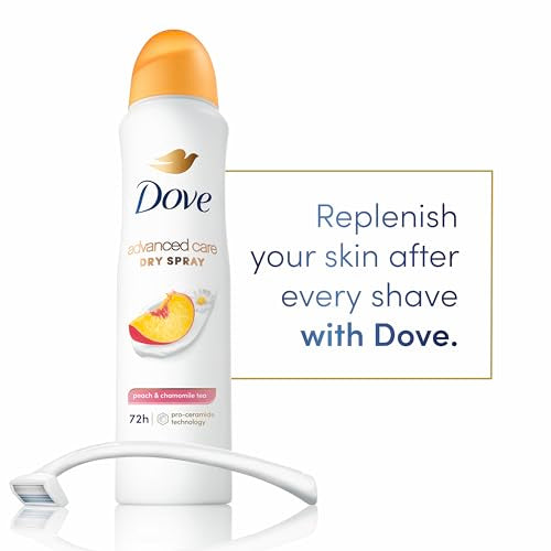 Dove Advanced Care Antiperspirant Deodorant Dry Spray Peach & Chamomile Tea 3ct underarm care boosts skin's ceramide levels 72hour odor control &all-day sweat protection ProCeramide technology 3.8 oz