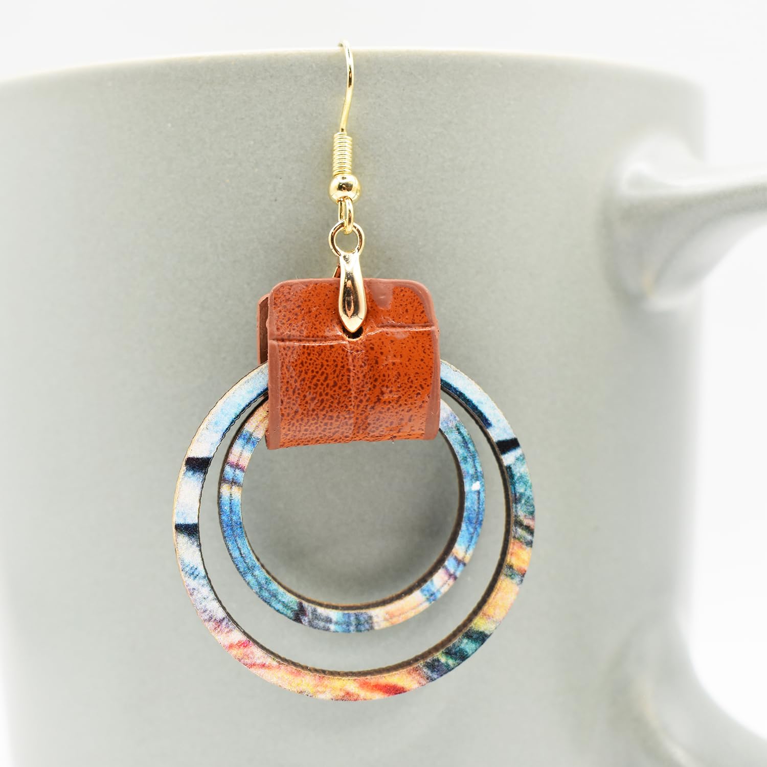 Handmade Big Hoop Earrings, Boho Earrings, Colorful Wooden Leather Earrings, Wood Circle, Statement Jewelry for Women