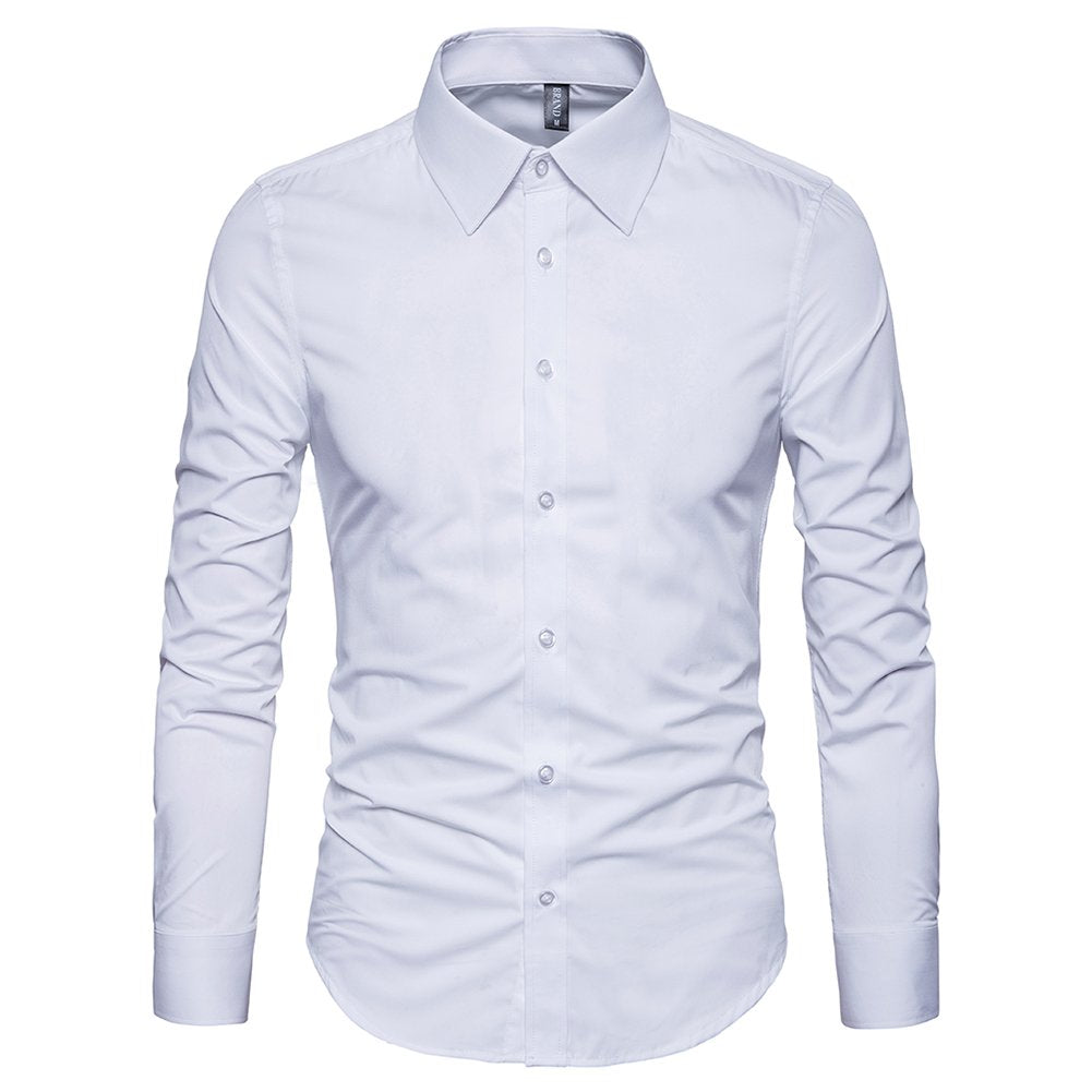 Manwan walk Men's Slim Fit Business Casual Cotton Long Sleeves Solid Button Down Dress Shirts (Medium, White)