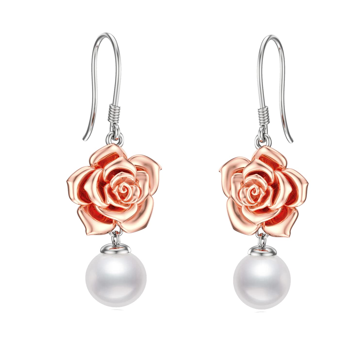 LONAGO Rose Flower Pearl Drop Earring White Pearl Dangle Earrings Rose Dangle Earring for Women (rose flower, sterling-silver)