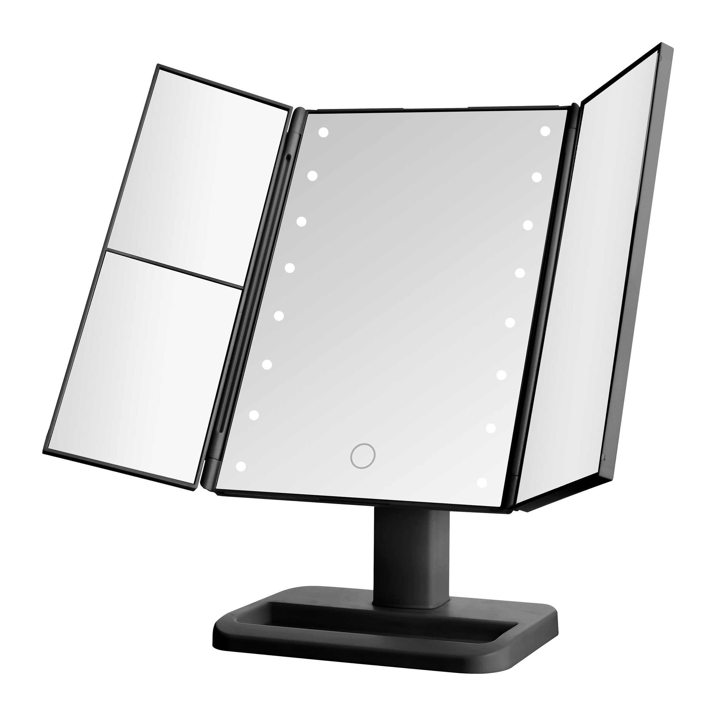 MELANNCO Black Tri Fold LED Vanity Mirror, 3 Magnifications and Dimmable LED Lights, Lighted Makeup Mirror, Touch Control