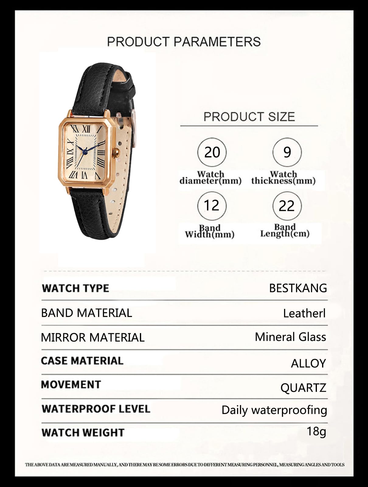 BESTKANG Leather Strap Watches for Women Elegant Dainty Ladies Watch Vintage Rectangle Women Quartz Wrist Watch (Black Gold)
