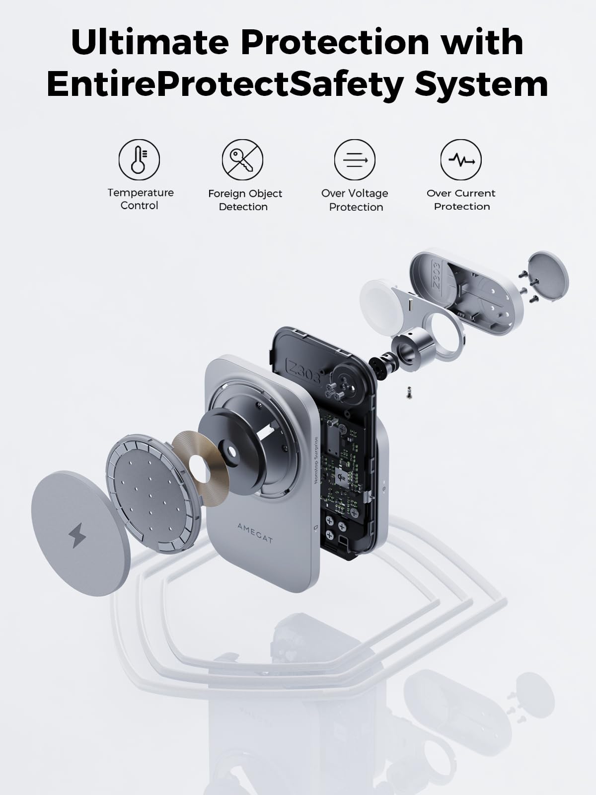 AMEGAT MagFusion Z 3-in-1 MagSafe-Compatible Charging Station, Qi2 Certified 15W Wireless Foldable Charger, for iPhone 16/15/14/13/12, AirPods 4/3/2/Pro, Apple Watch Charger, Silver