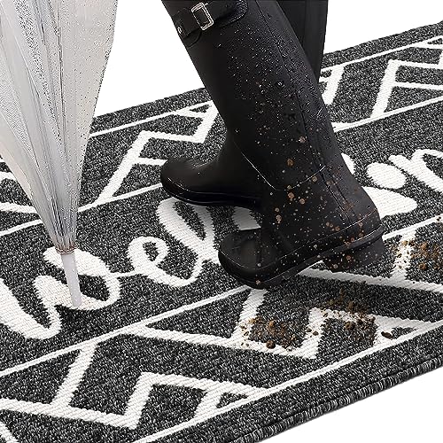 Long Indoor Door Mat, 2' x 8' Entryway Runner Rug, Absorbent Low Profile Throw Rugs with Rubber Backing Washable Non Slip Rug, Shoe Mat Dirt Trapper Carpet Runner for Home Kitchen Laundry Pet, Black