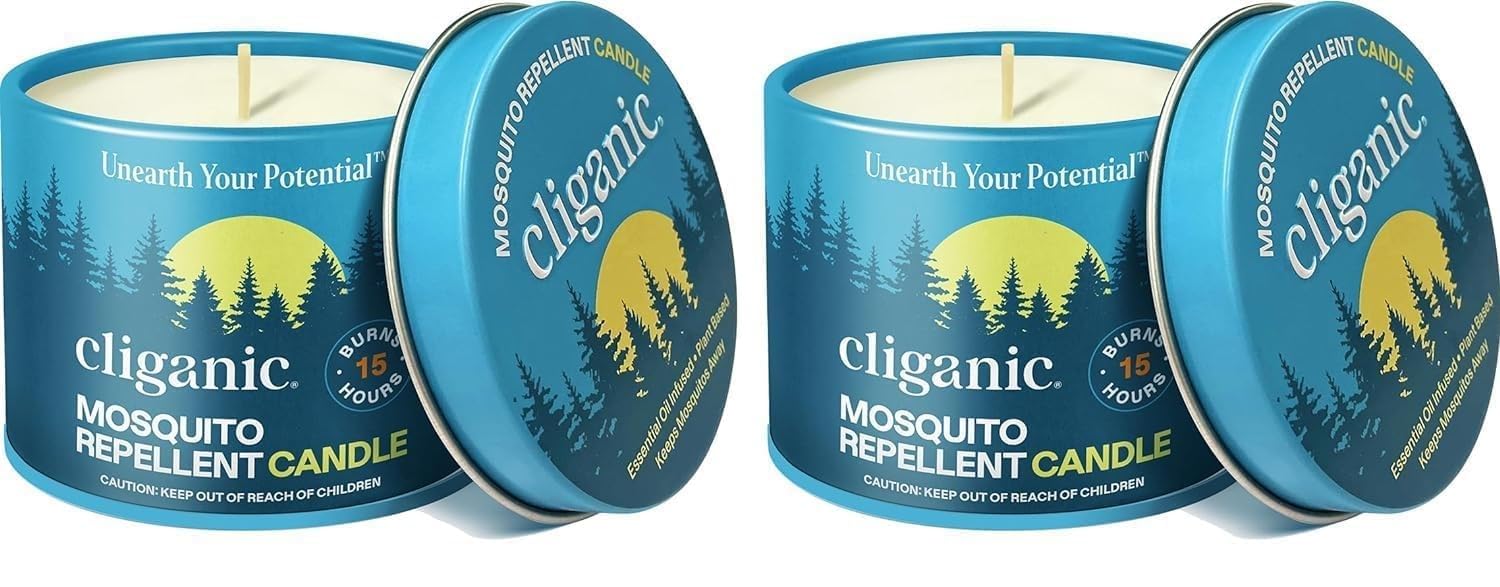 Cliganic Natural Mosquito Repellent Candle (Pack of 2) | Citronella, DEET Free, Essential Oil Infused for Outdoor, Camping | Burns 18 Hours