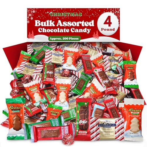 Bulk Christmas Candy Chocolate Variety Pack - 4 Pound Approx. 200 Pieces Milk Chocolate Holiday Mix For Parties, Stocking Stuffers, Snacks & Treats Special Holiday Themed Candy