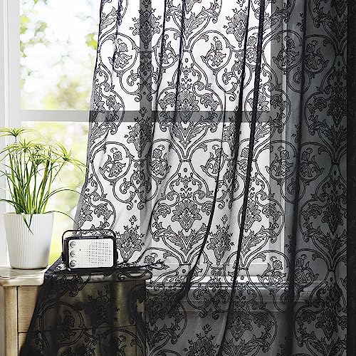 Treatmentex White Sheer Curtains for Windows 63" Burnout Vintage Floral Leaf Pattern Window Sheer Drapes for Living Room Rod Pocket 54" 1Pair