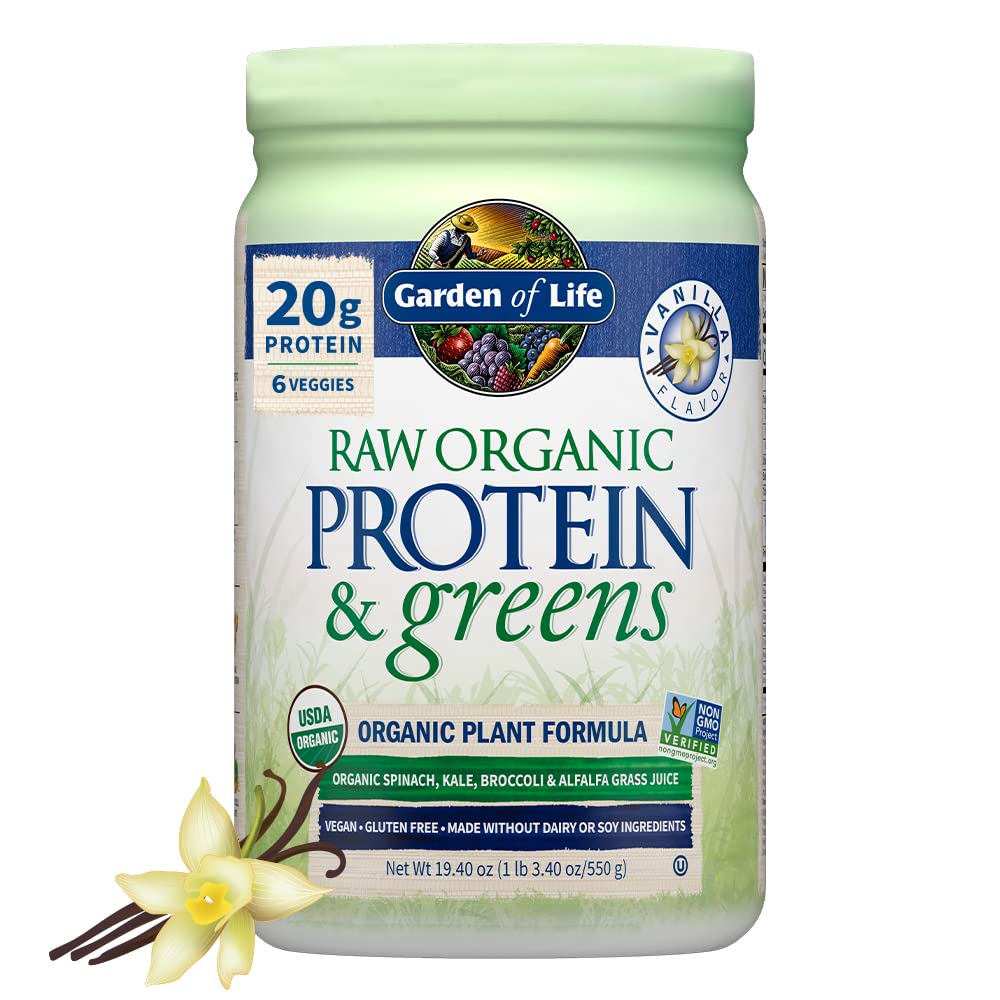 Garden of Life Raw Organic Protein & Greens - Vanilla - Vegan Protein Powder for Women and Men, Plant Protein, Pea Protein, Greens & Probiotics - Dairy Free, Gluten Free Low Carb Shake, 20 Servings