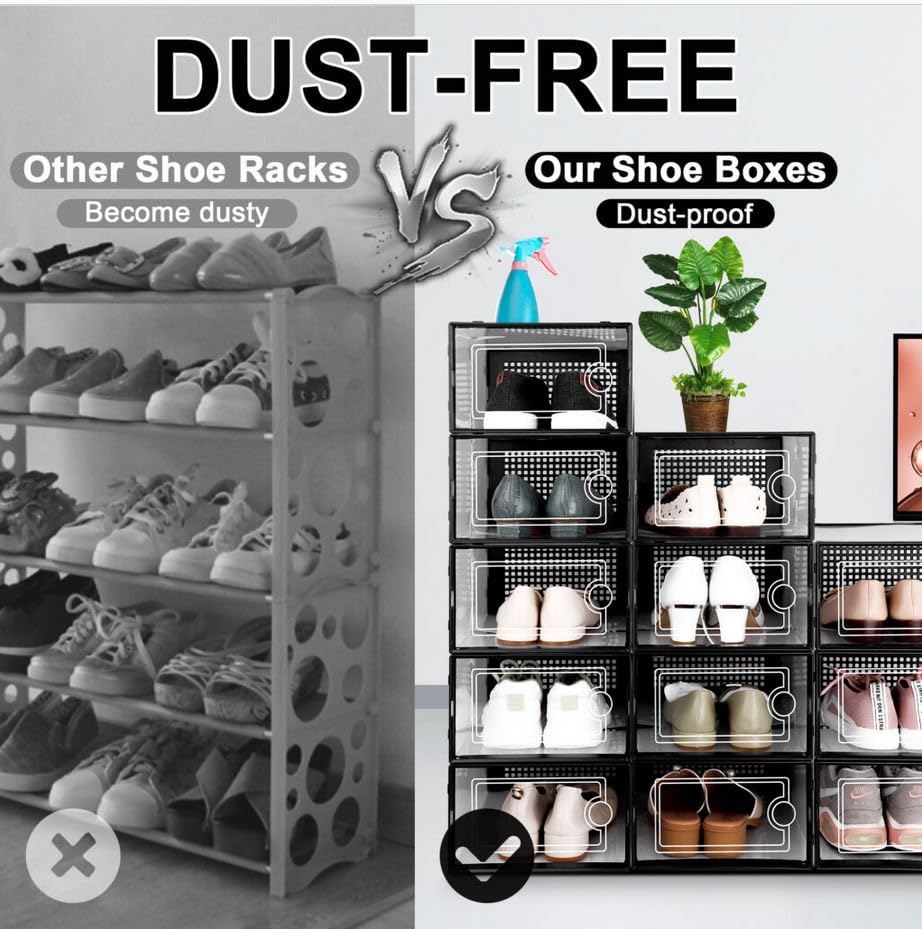 Kuject X-Large Shoe Storage Boxes Organizers Clear Plastic Stackable 4 Pack, Shoe Rack & Holder Substitute, Sneaker Containers, Toy Storage Organizer Bins for Entryway, Closet, Under Bed, Grey