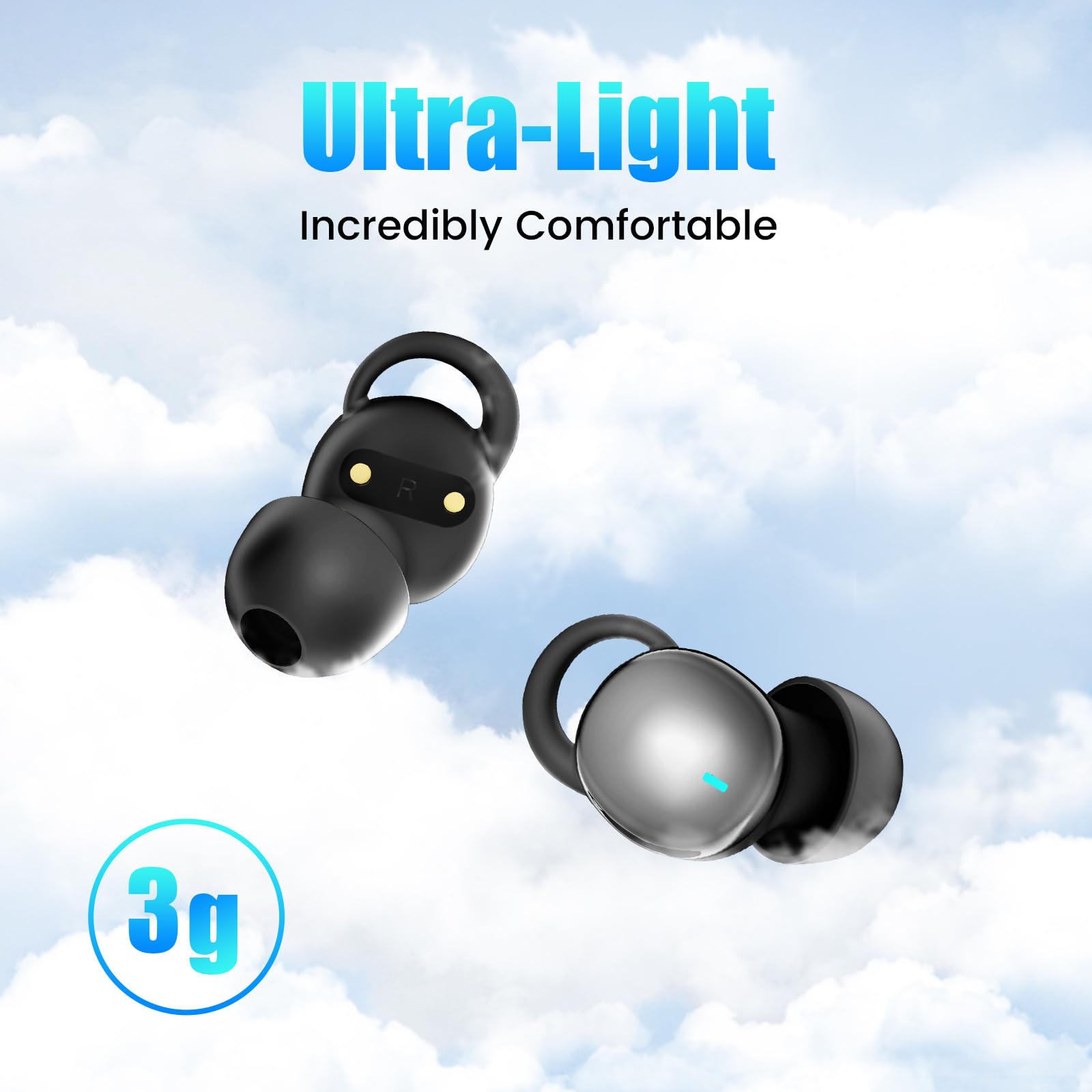 Ertuly Sleep Headphones, Sleep Earbuds for Side Sleepers, Wireless Earbuds Comfortable Noise Blocking, LED Power Display, Music Sleep Dual Mode, Invisible Earbuds for Sleeping, Working, Hiking (Cyan)