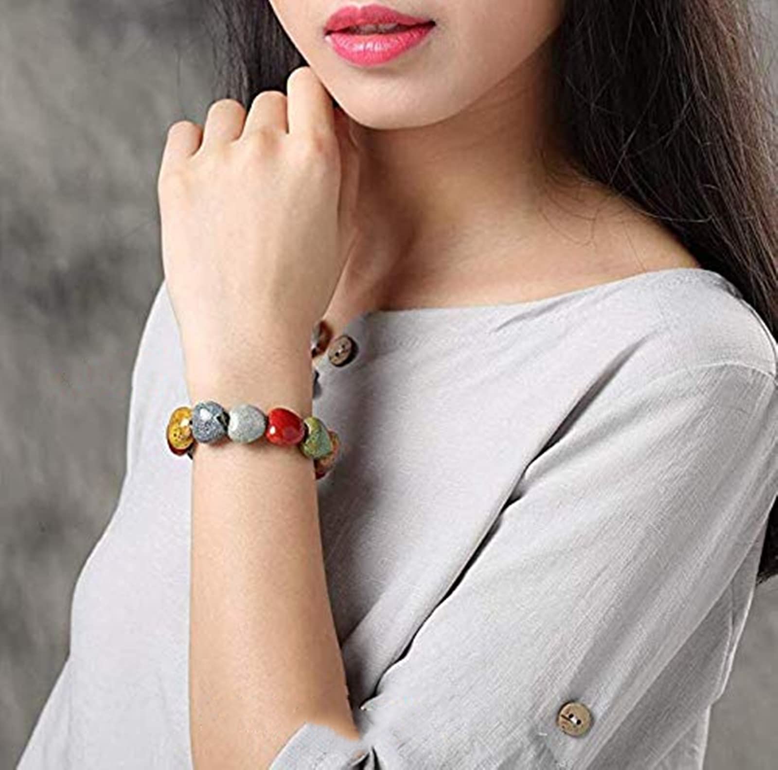 Zittop Bracelet Colorful Ceramic Handmade Simple Ethnic Style Variety of Shapes Elastic Hand Chain for Women (Heart type)