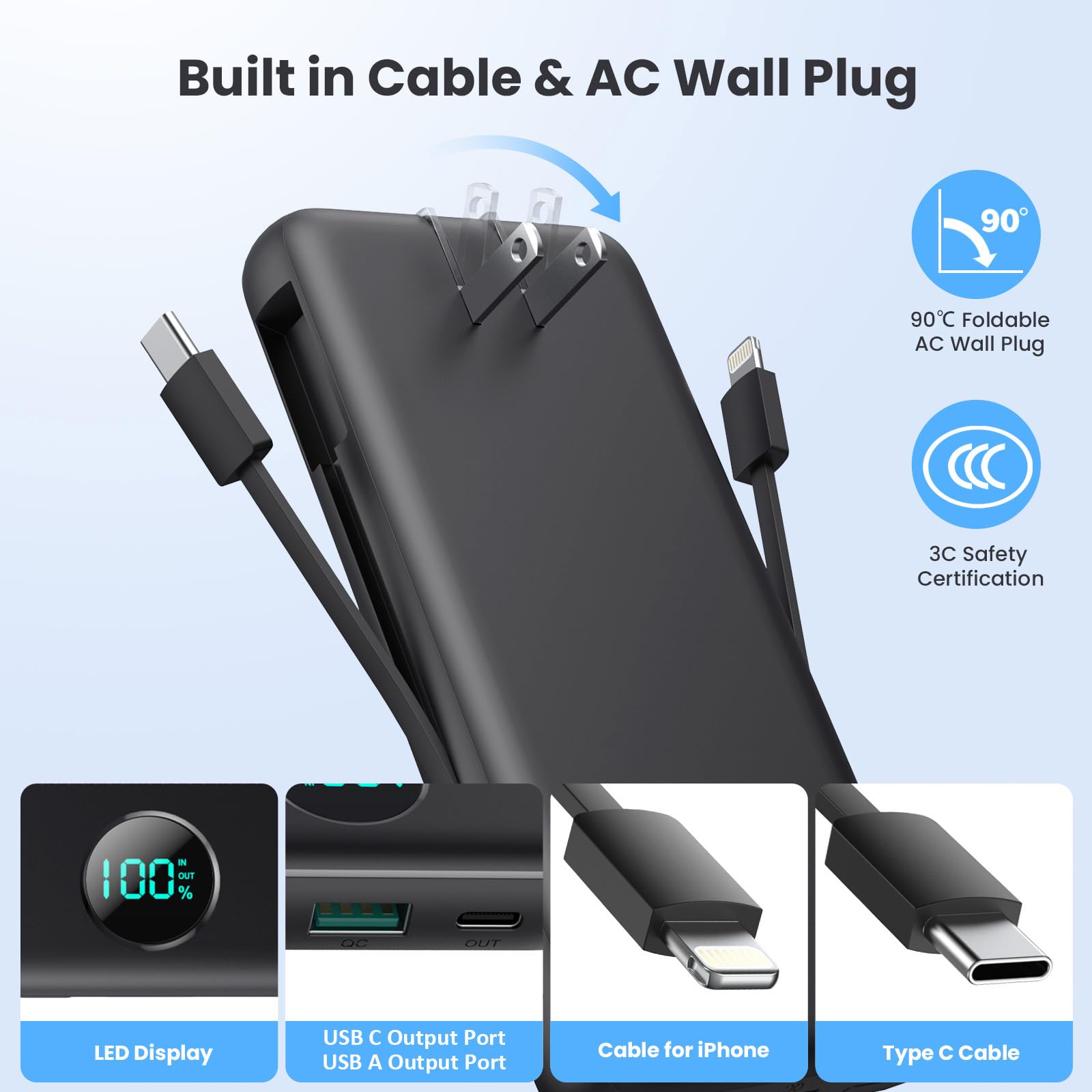 Portable Charger 33800mAh USB C Power Bank with Built-in Cables & AC Wall Plug,25W Fast Charging+QC 4.0 Phone Charger,4 Output LCD Display Battery Pack Compatible with iPhone15/14,Samsung,Android etc