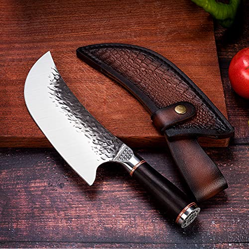 HomeEase Butcher Knife, Viking Knife with Sheath Heavy Duty Boning Knife Meat Cleaver Chopper Hand Forged High Carbon Steel Sharp Chef Knives for Kitchen Outdoor Camping with Gift Box