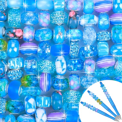 130 Pieces Large Hole Fairy Wand Garden Beads, Assorted European Craft Beads Mixed Color Lampwork Spacer Beads,European Large Hole Beads for DIY Jewelry Making Supplies (Sapphire)