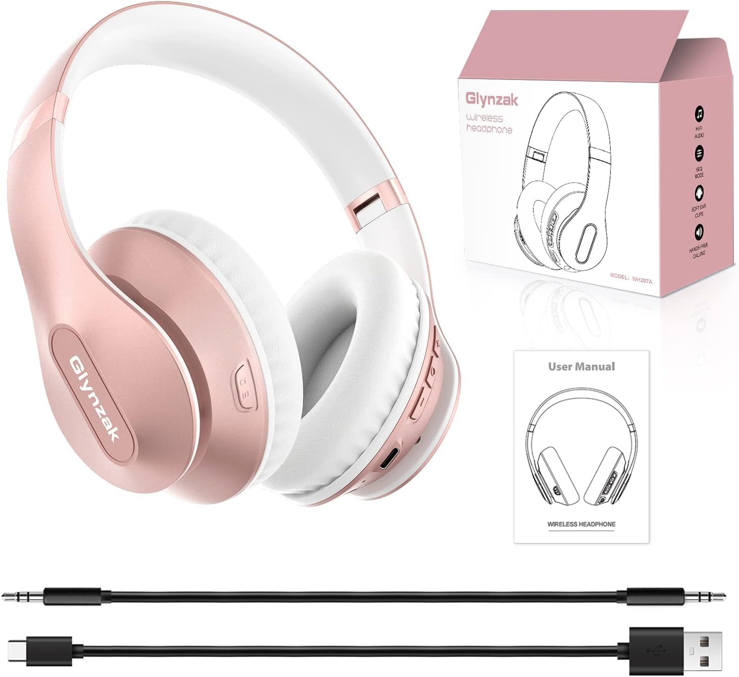 Glynzak Wireless Bluetooth Headphones Over Ear 65H Playtime HiFi Stereo Headset with Microphone and 6EQ Modes Foldable Bluetooth V5.3 Headphones for Travel Smartphone Computer Laptop Rose Gold