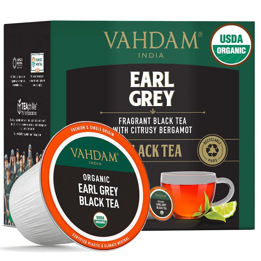 VAHDAM, Organic Earl Grey Black Tea K Cup (18 Pods) Keurig Compatible | USDA Organic Black Tea Pods with Citrusy Bergamot, Med Caffeine | BPA Free & Recyclable Pods, Single Serve