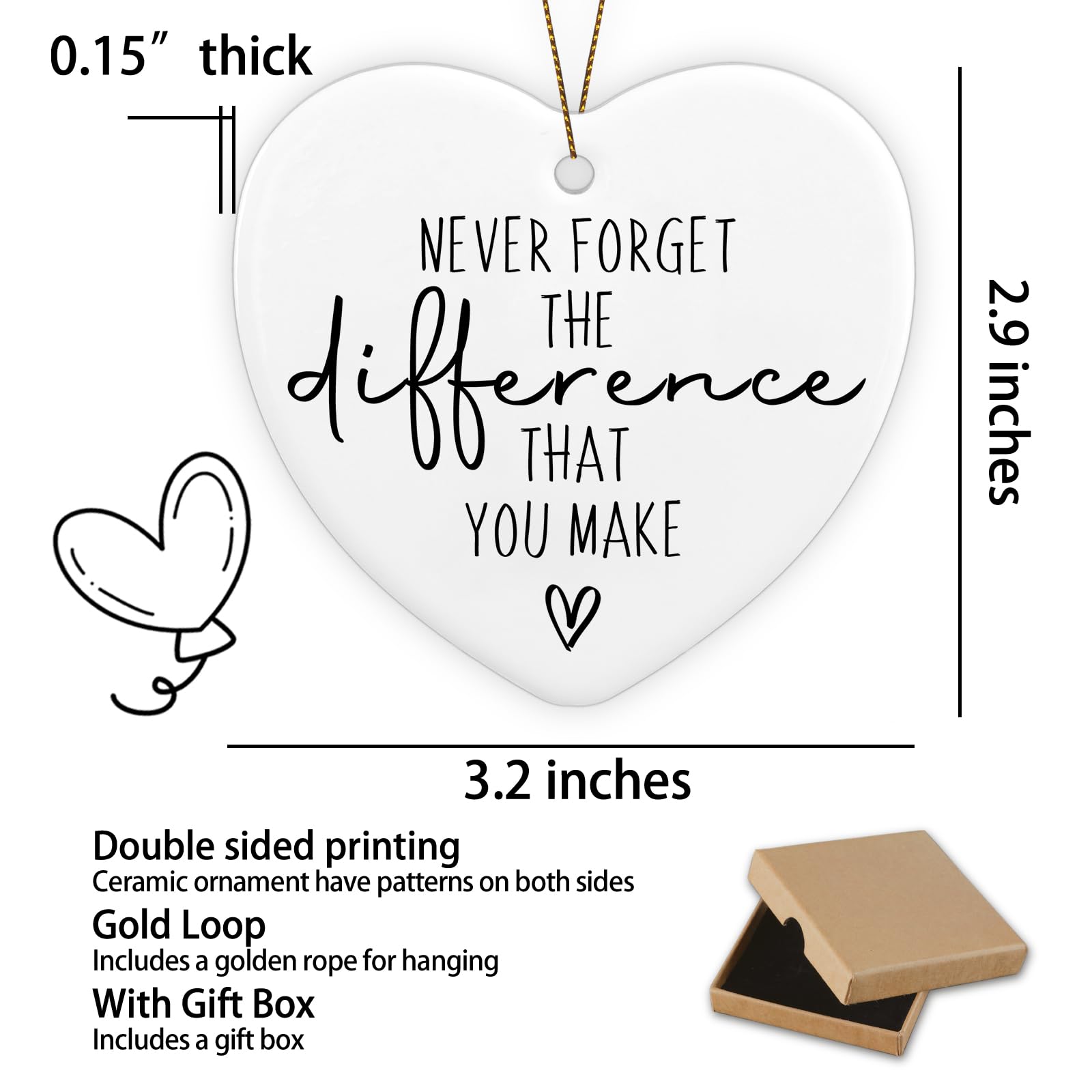 Thank You Gifts Never Forget The Difference That You Make Ceramic Ornament Keepsake Sign Heart Plaque Farewell Going Away Goodbye Appreciation Retirement Gifts for Women Men Coworker Boss Friend