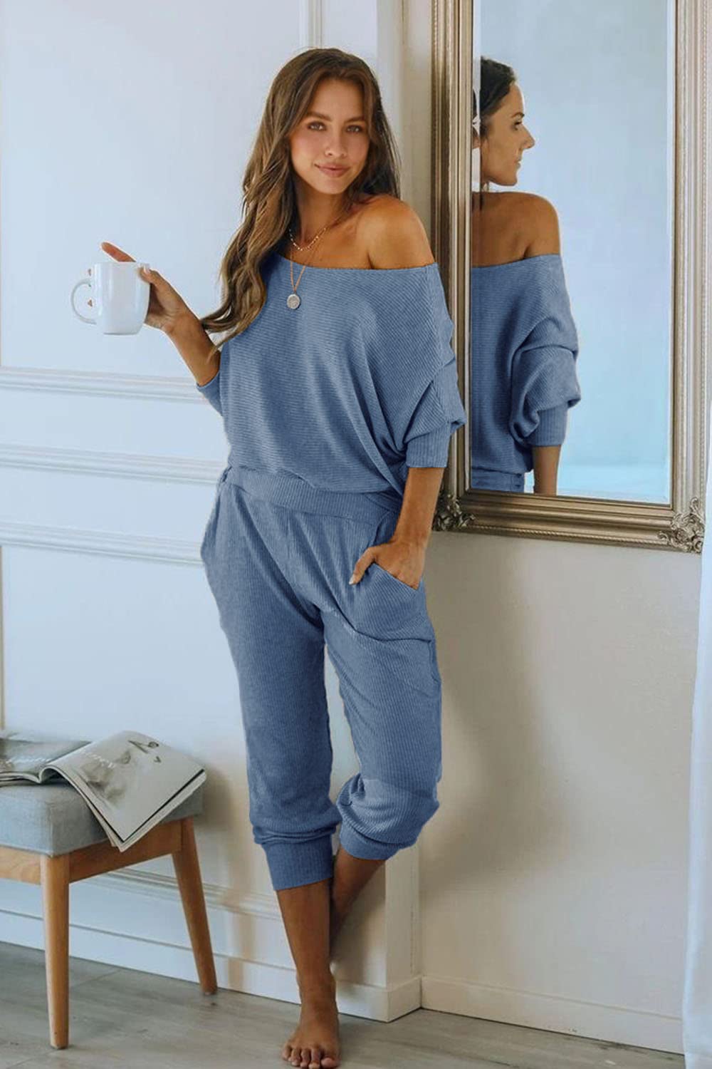 PRETTYGARDEN Women's 2 Piece Ribbed Tracksuit Outfits Off Shoulder Long Sleeve Pullover Lounge Pants with Pockets (Light Blue,Medium)