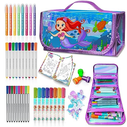 weirtoya Washable Fruit Scented Markers Set with Pencil Case Stickers Stamps Coloring Book, STEM Toys Mermaid Unicorn Gifts for Girls Birthday Gifts for Girls 4-9 Years
