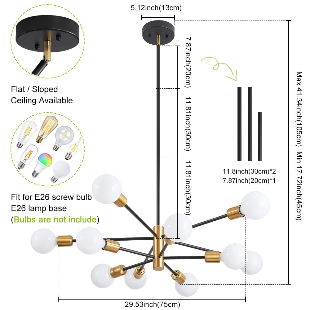 Deyidn Sputnik Chandeliers Black and Gold Chandelier Modern Pendant Light Fixture Mid Century Industrial Ceiling Lighting 10 Lights for Dining Room, Kitchen, Bedroom, Living Room and Farmhoue