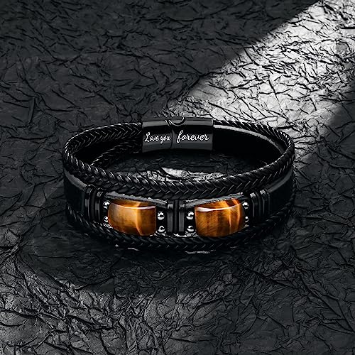 JoycuFF Bracelet for Son from Mom Dad Leather Bracelet Layered Birthday Graduation Gifts for Son I Love You Forever Engraved Braied Birthday Cuff Bangle Wrap Jewelry