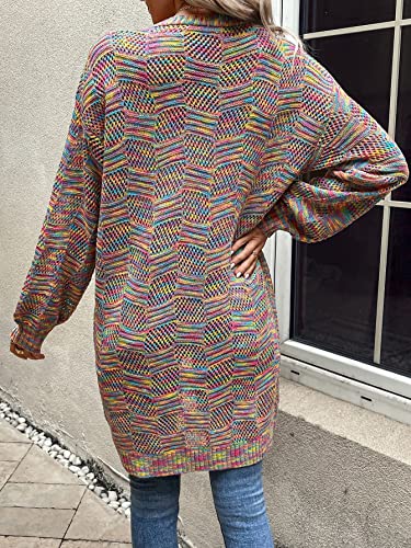 SweatyRocks Women's Color Block Long Sleeve Open Front Cardigan Sweater Knit Crop Top Colorful S