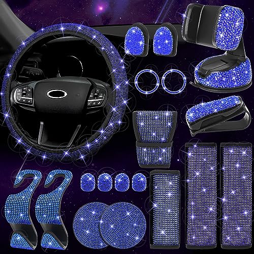 ARTILAURA 19 Pack Bling Car Accessories for Women Steering Wheel Seat Belt Gear Shift Cover Phone Holder Cup Coasters Cute AUTO Accessories Kit (Blue)