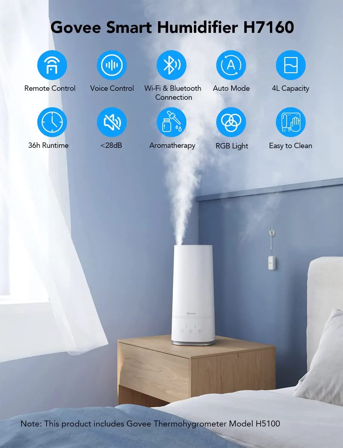 Govee 4L Smart Humidifiers for Bedroom with Hygrometer Thermometer, WiFi Voice & Remote Control, Top Fill Cool Mist Humidifiers for Baby and Plants, Essential Oils Diffuser, Lasts up to 36 Hours