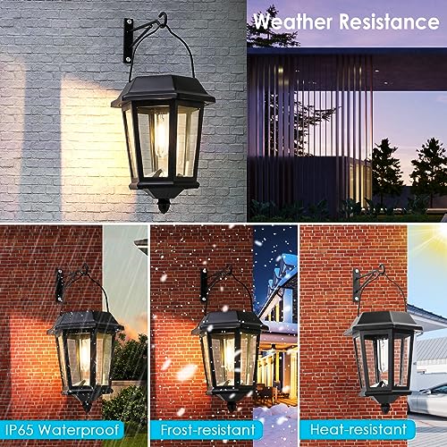 Hanging Solar Lanterns Outdoor, 2 Pack Glass Solar Lights Outdoor Waterproof, Auto ON/Off Solar Wall Lanterns for Outside Porch, Patio and Yard