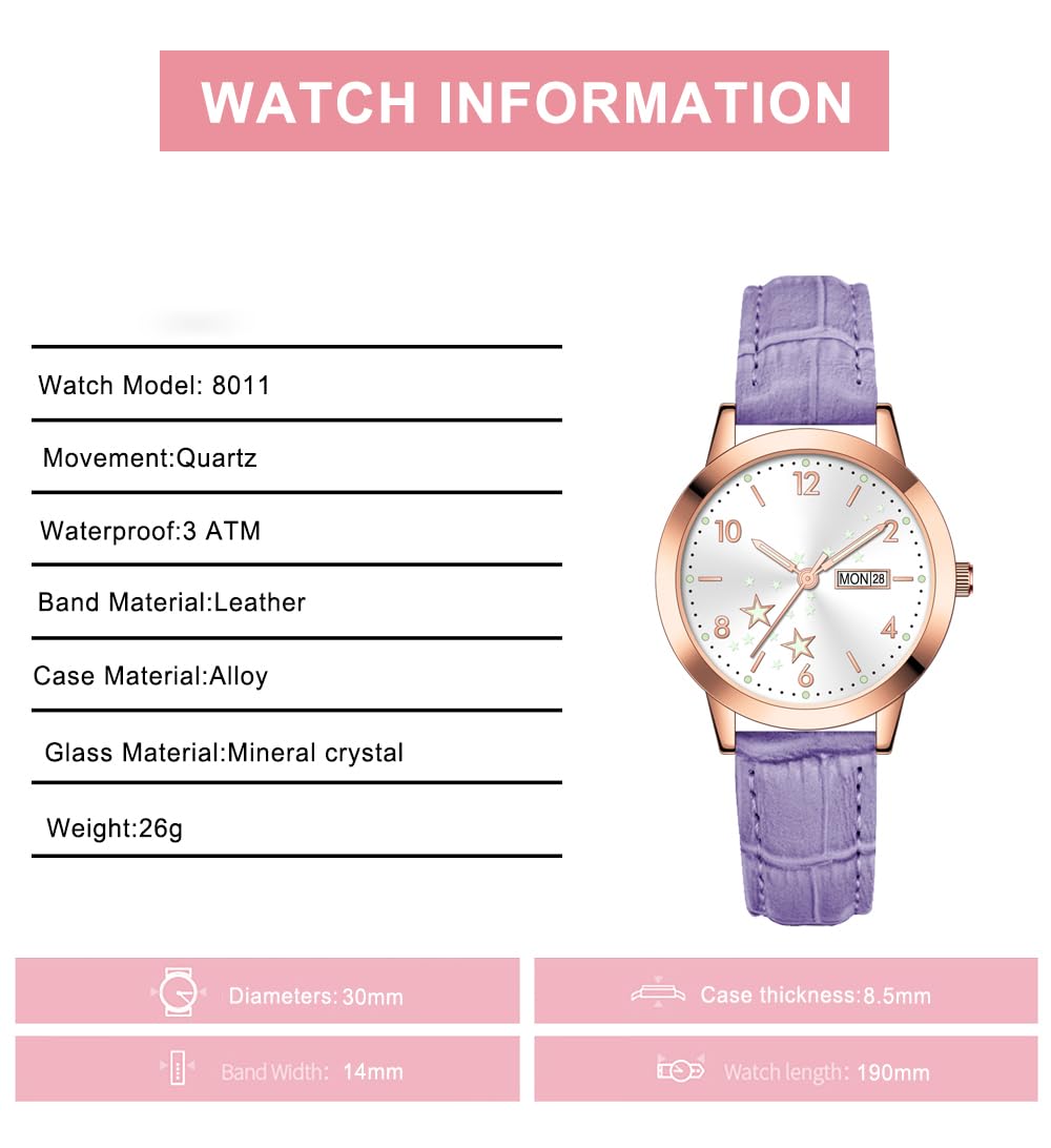Women's Casual Wrist Watch, Leather Band Analog Quartz Ladies Dress Watch with Calendar Date, Classic Gifts for Her (Pink)