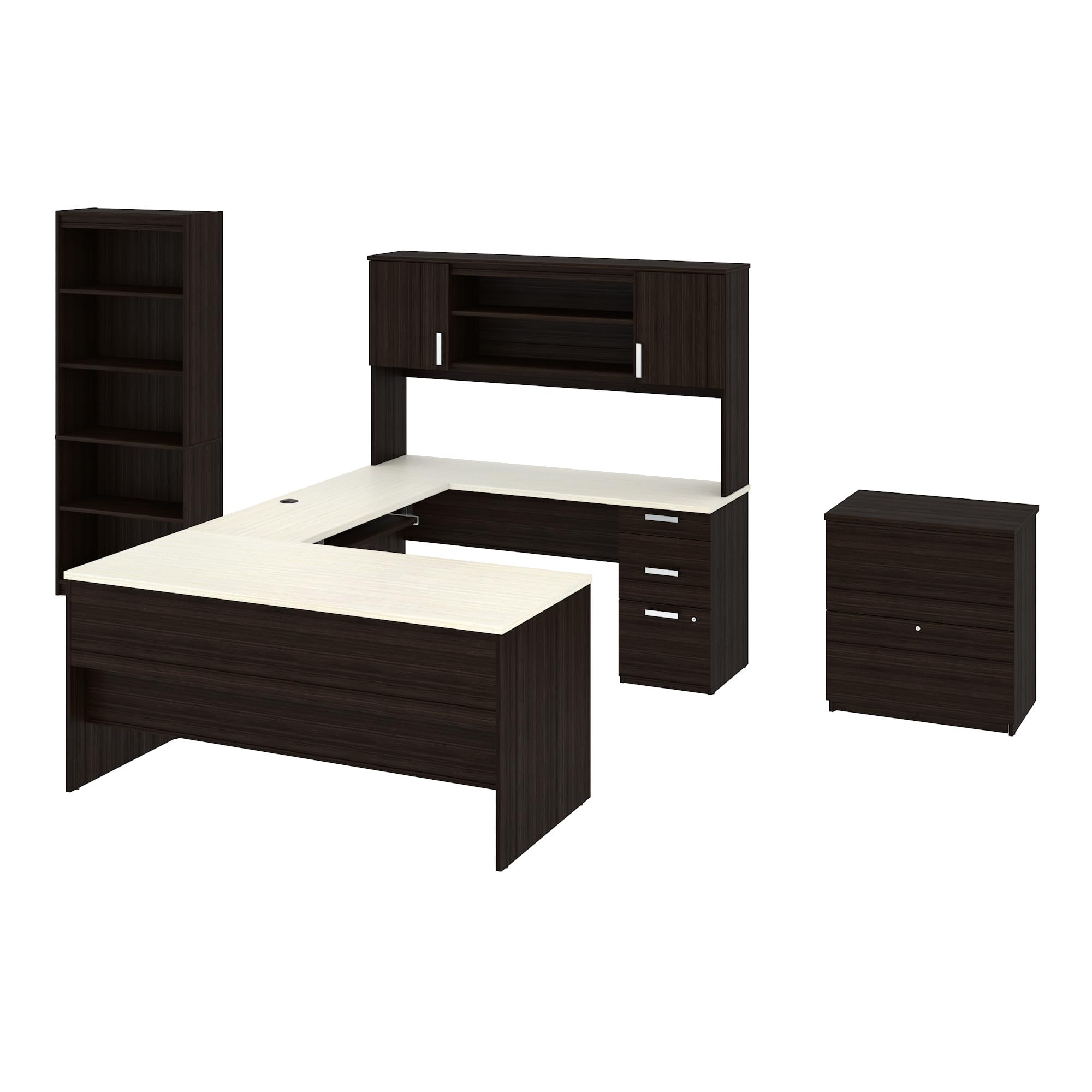 Bestar, Ridgeley Collection, 3-Piece Set Including a U-Shaped Desk with Hutch, a Lateral File Cabinet, and a Bookcase