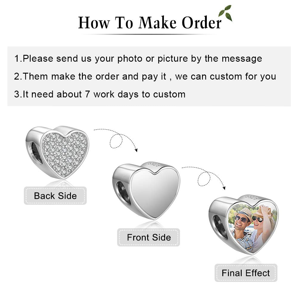 Qxun Custom Photo Charm Bead 925 Sterling SilverPersonalized Heart Picture with Loved Dear Charms Beads Fit Women Bracelet Necklace As Mother Daughter Present(Style 4)