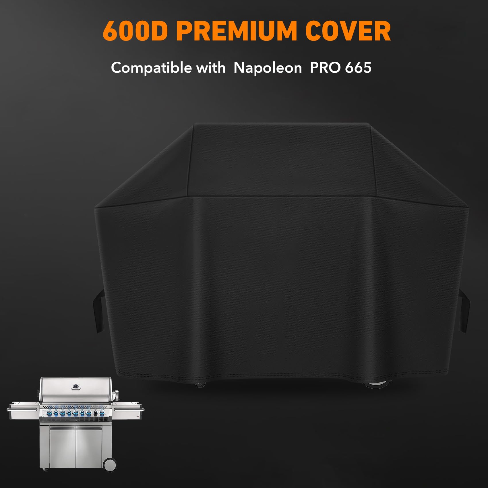 Heavy Duty 600D Polyester Cover Compatible with Napoleon 61665 PRO 665 Grill, Water Resistant Outdoor BBQ Cover, Weather Protection, Black