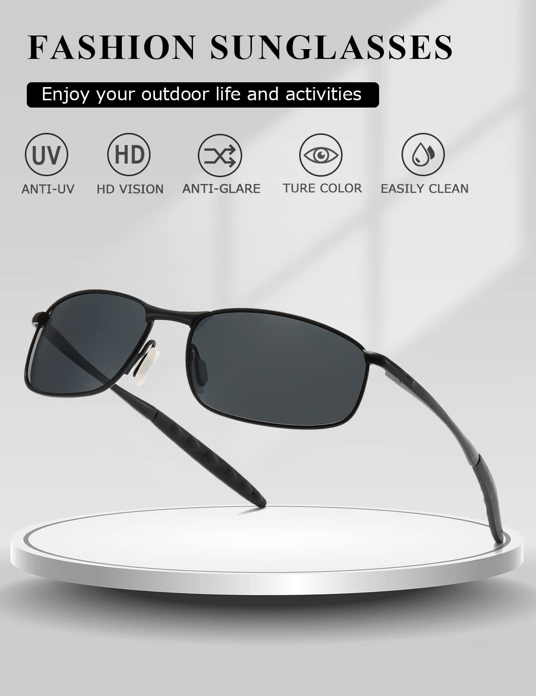 AEVOGUE Polarized Sunglasses For Men Rectangle Metal Frame Retro Sun Glasses AE0395 (Black, 59)