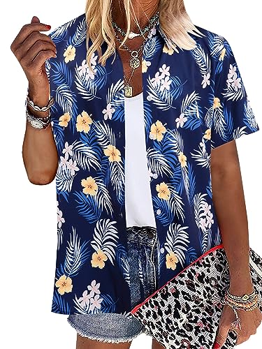NANYUAYA Womens Hawaiian Shirts Boho Open Front Soft Cool V Neck Short Sleeve Tropical Button Up Blouses Tops Blue