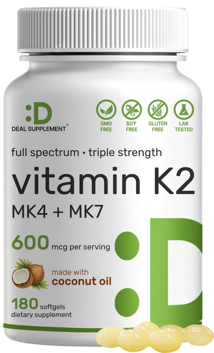DEAL SUPPLEMENT Vitamin K2 Supplement 600mcg, 180 Coconut Oil Softgels | Full Spectrum High Absorption MK-7 & MK-4 Forms | Bone, Joint, & Immune Support – Non-GMO