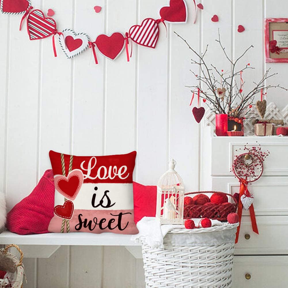 GEEORY Valentine's Day Throw Pillow Covers 18x18 Inch Set of 4, Valentines Red Hearts Love You More Decorative Farmhouse Holiday Cushion Case for Home Decoration G443-18