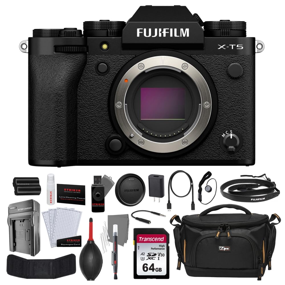 FUJIFILM X-T5 Digital Camera Body |Black Bundle with 64GB Memory Card + Camera Case + Photo Starter Kit + Charger (5 Items)