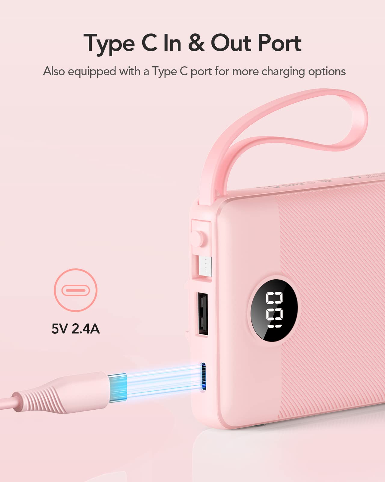 VRURC Portable Charger 10000mAh, Slim LED Display Power Bank, 5 Output 2 Input Cell Phone Battery Pack, Built-in Micro & USB C Cables Phone Charger Compatible with iPhone,Samsung,Android-Pink(1 Pack)